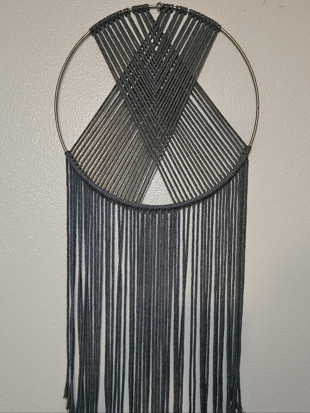 Handmade Macramé Wall Hanging w Gold Hoop Pretty Charcoal Grey